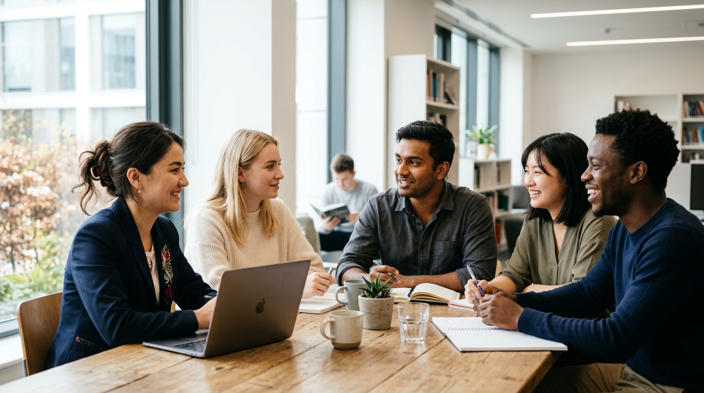 A group of smiling learners talking together around a wooden table in a bright study space, with notebooks and a laptop in front of them.